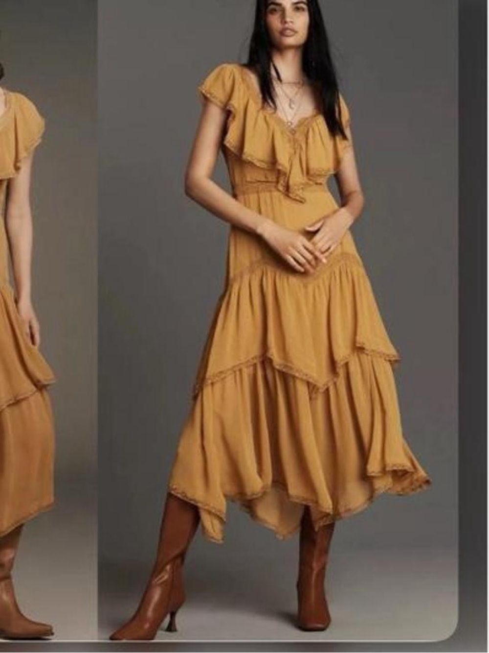 Anthropologie NWT Short Sleeve V-Neck Ruffle Midi Dress, Size Small